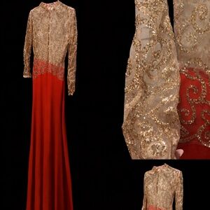 Gold Sequin Mesh Overlay Gown w/ Red Underlay – Long Sleeve